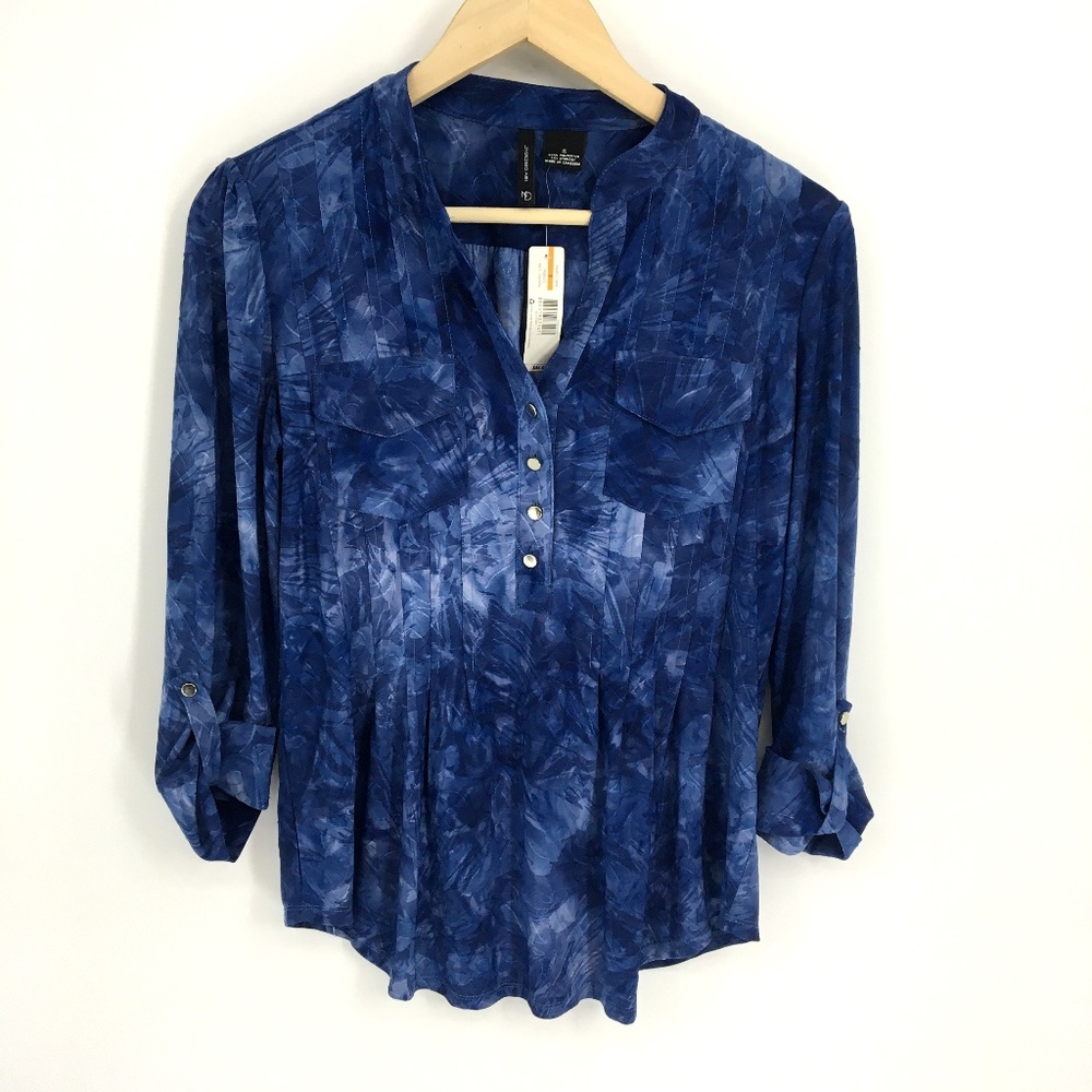 New Directions Blue Water Color Tab Sleeve Blouse